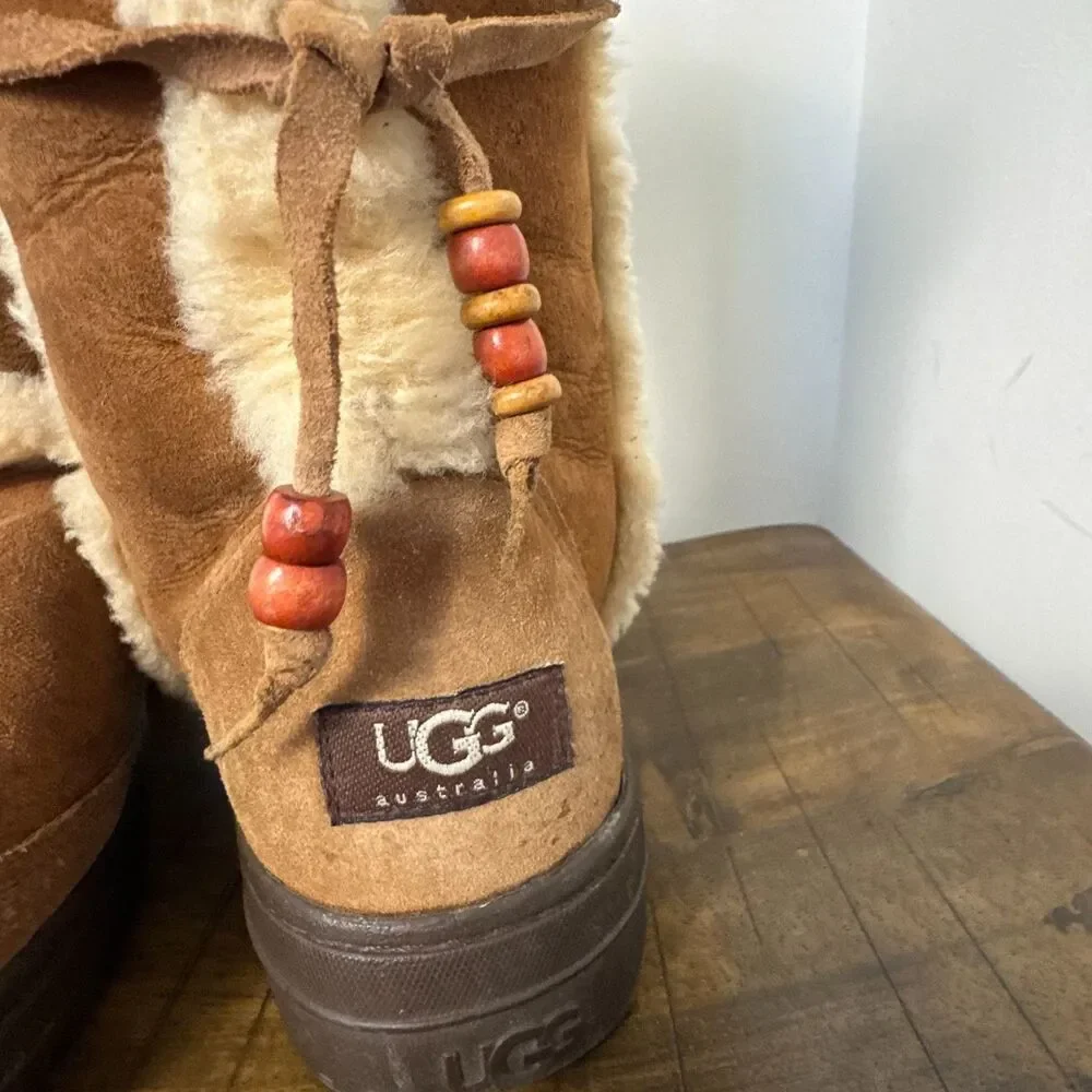 UGG Australia Womens 9 Chestnut Sheepskin Tall Boots Boho Rare Vintage